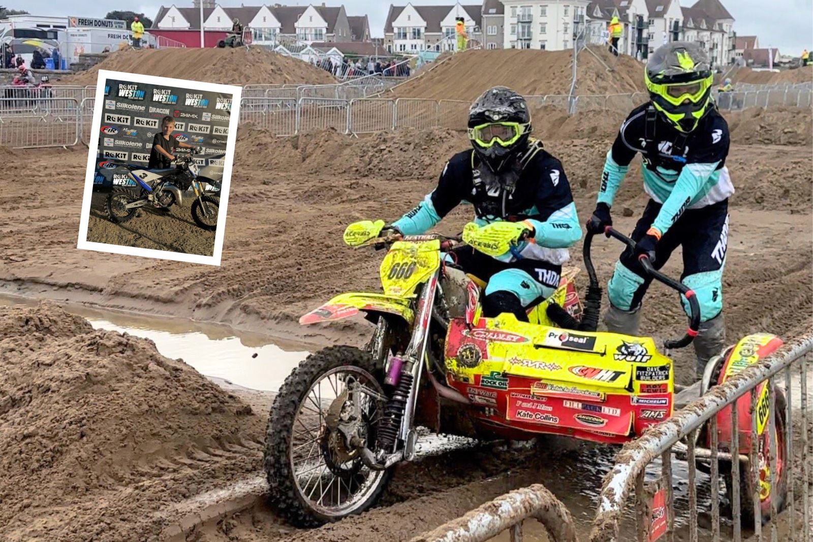 A motorbike and sidecar at the Westo Beach Race and inset a young finisher